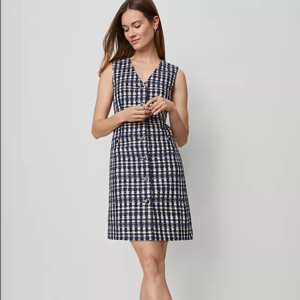 NWT Ann Taylor Navy and White Check Tweed Sheath Dress